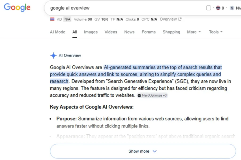 google ai overview รูปแบบของ Zero-Click Search ที่พบได้บ่อยมากในปัจจุบัน